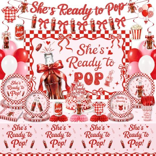182 Pcs She's Ready to Pop Baby Show Party Decorations(Serves 24), Ready to Pop Baby Shower Decorations Include Banner Hanging Backdrop Plates Napkins Cups Forks Tablecloth Topper Balloons for Party by Kinovo