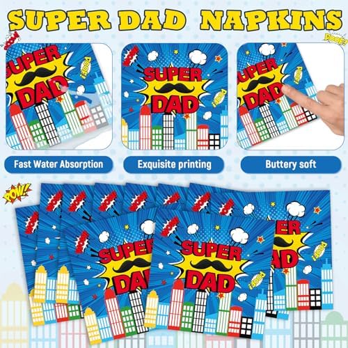 96Pcs Happy Fathers Day Paper Plates and Napkins Super Dad Party Decorations Super Theme Dessert Plates Hero Cityscape Birthday Tableware for 24 Guests Papa Grandpa Best Dad Daddy Men Party Supplies - Image 4