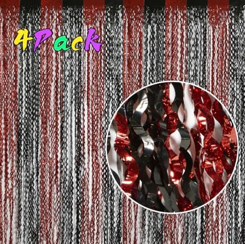 4 Pack Sparkle Red and Black Fringe Curtain - 3.3x6.6 Feet Tinsel Streamer for Birthday Decorations | Halloween Decorations | Casino Theme Party Decorations | Red Carpet - Image 2