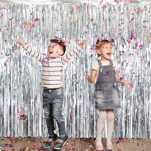 GOER 3.2 ft x 8.2 ft Metallic Tinsel Foil Fringe Curtains Party Photo Backdrop Party Streamers for Birthday,Graduation,New Year Eve Decorations Wedding Decor (Silver,3 pcs) - Image 2