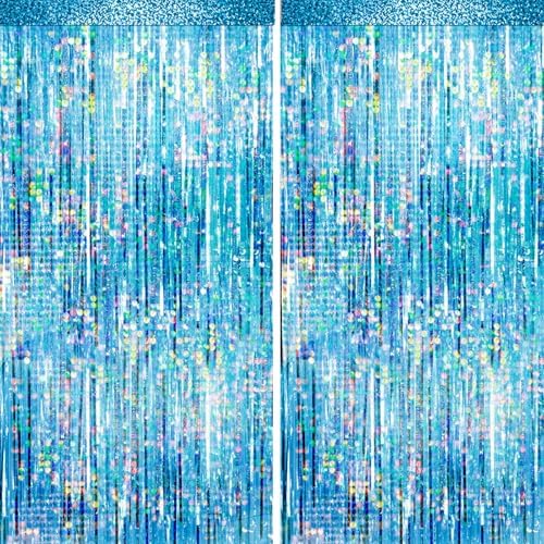 4 Packs Blue Foil Fringe Curtain, Light Blue Glitter Metallic Tinsel Backdrop for Birthday, Wedding, Baby Shower, Bachelorette, Ocean, Princess Party Decorations Supplies by BSRESIN