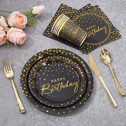 175PCS Happy Birthday Disposable Dinnerware Set Party Supplies, Paper Black Gold Plates and Napkins with Gold Plastic Forks Knives Spoons Serve 25 Guests for Birthday Party Decoration - Image 3