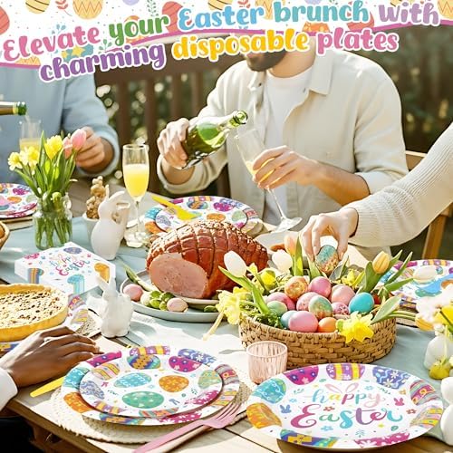 QZYL 96 Pcs Easter Plates and Napkins Set, 9 and 7 Inches Colorful Spring Egg Design Paper Plates Napkins Forks, Disposable Tableware for Easter Decoration Spring Picnic Supplies, Serve 24 Guests - Image 4
