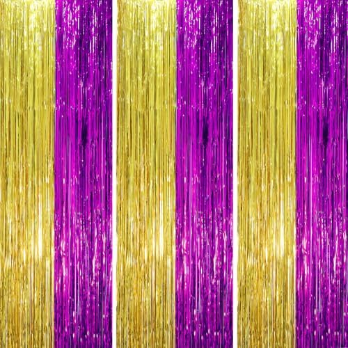 Voircoloria Purple Gold Foil Fringe Backdrop Curtains,3.3x8.2ft, 3 Pack by Voircoloria