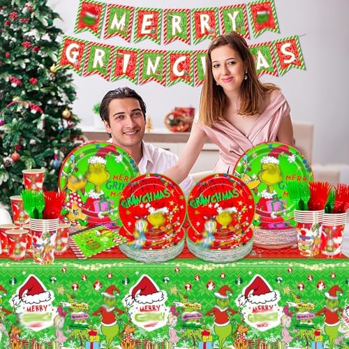 122Pcs Christmas Party Decorations Merry Christmas Party Supplies Tableware Set with Banner Plates Napkins Cups Tablecloth Forks Serve 24 - Image 3