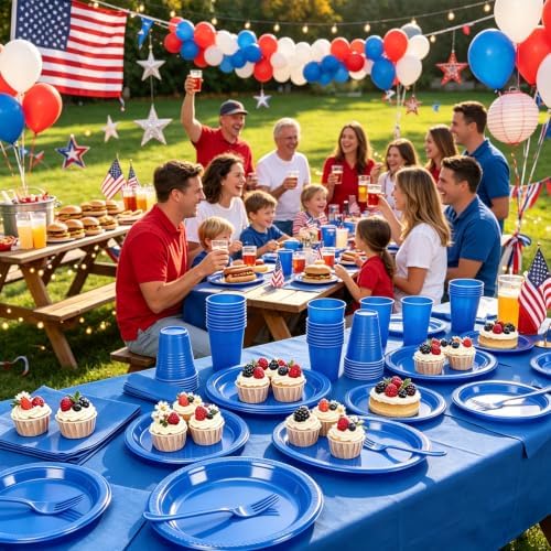 Blue Plastic Party Plates 50 Guests Disposable Dark Blue Plates&Napkins Set - Image 5