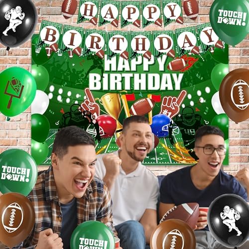 Football Birthday Decorations For Men,Happy Birthday Backdrop,Banner Balloons,Table Cloth,Paper pom poms Party Supplies for Boys - Image 5