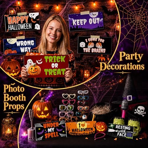 Beeveer 24 Designs Halloween Photo Booth Props Double Sided PVC Selfie Sign - Image 6