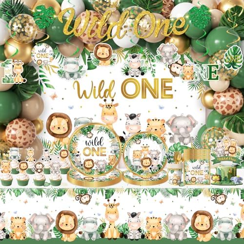 Wild Birthday Decorations,Safari Birthday Decorations 277Pcs Wild Plates and Napkin Sets Banner Backdrop Tablecloth Cake Topper Balloon Garland for Jungle 1st birthday Decorations by Unknown