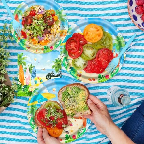 96 Pieces Summer Beach Plates and Napkins Set, Tropical Disposable Tableware with Paper Plates Napkins and Forks for Pool Party Luau Birthday Picnic, Serves 24 - Image 4