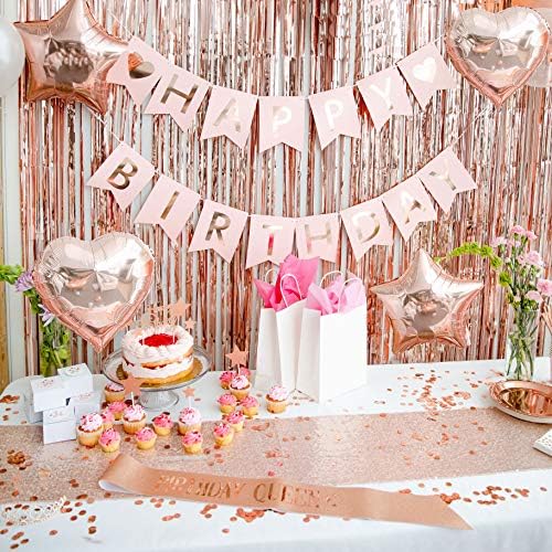 225 PC Rose Gold Birthday Party Decorations Kit for Girls, Teens, Women - Happy Birthday Banner, Curtains, Table Runner, Balloons, Sash, Tiara, Cake Topper, Plates, Cups, Napkins, Straws for 25 Guests - Image 2