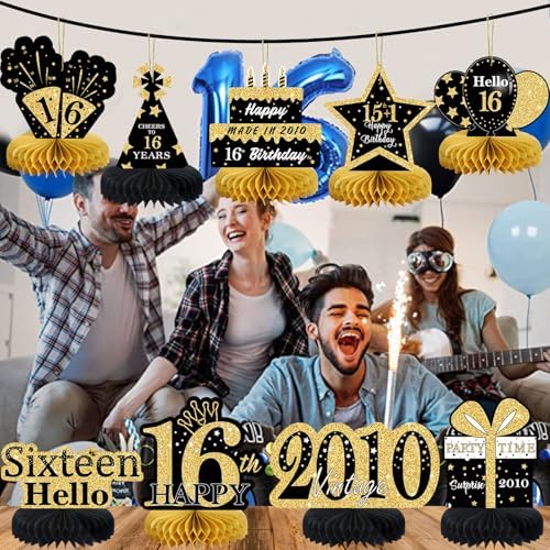 9Pcs Black Gold 16th Birthday Decorations Honeycomb Centerpieces for Boys Girls,Happy 16th Birthday Centerpieces Tables Toppers Party Decorations Supplies 16th Table Sign Decor - Image 4