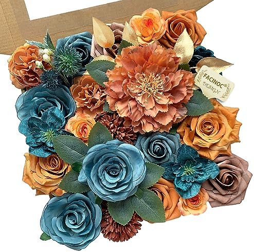 FACINOC Roses Artificial Flowers Teal Orange Bouquet Fall Fake Flower Combo by FACINOC