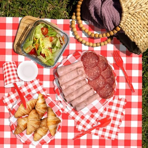 WNINK 176 PCS Red Gingham Plates and Napkins, Red Checkered Disposable Plates Set with Napkins Cups Plastic Spoons Forks Knives for Dinner Birthday Baby Shower Wedding Supplies Serve 25 Guests - Image 6