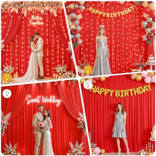 30 x 10ft Red Green Backdrop Curtains with Lights String - Image 4