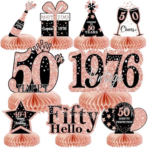 9Pcs 50th Birthday Decorations Honeycomb Centerpieces for Women, Rose Gold Pink Happy 50th Birthday Centerpieces Tables Toppers Party Decorations Supplies, Vintage 1976 Aged Table Sign Decor by MOORAY