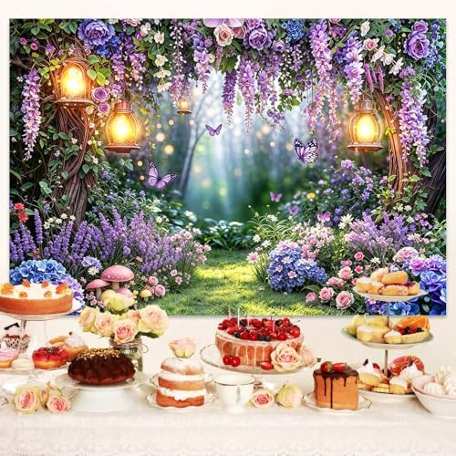 Spring Enchanted Forest Backdrop, Fairy Tale Wonderland Garden Backdrops for Photography, Purple Flower Mushroom Butterfly Woodland Fairy Tea Party Decorations Photo Booth Studio Props 6X4FT - Image 2