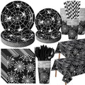 Funnymoom 452 Pcs Halloween Spiderweb Party Supplies Tableware for 50 Guests Include 7&9 Inch Black Spider Web Paper Plates Napkins Cups Tablecloth Cutlery Straws for Spiderweb Birthday Party Decor by Funnymoom