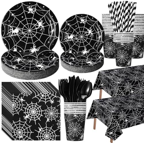 Funnymoom 452 Pcs Halloween Spiderweb Party Supplies Tableware for 50 Guests Include 7&9 Inch Black Spider Web Paper Plates Napkins Cups Tablecloth Cutlery Straws for Spiderweb Birthday Party Decor by Funnymoom