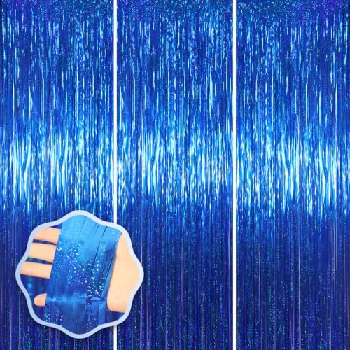 Voircoloria Laser Blue Foil Fringe Backdrop Curtains, 3.3x8.2ft, 3 Pack by Voircoloria