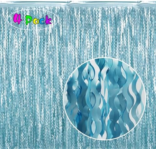 4 Pack Wavy Blue Foil Fringe Curtain 3.3x6.6 Feet | Blue Streamers Tinsel Backdrop for Under The Sea Party Decorations | Ocean Backdrop | Mermaid Birthday Decorations - Image 2