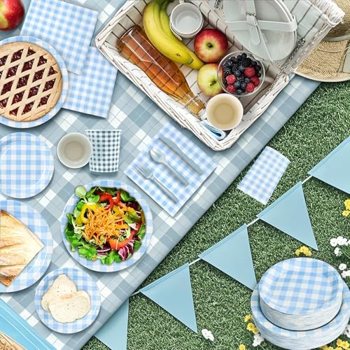 180Pcs Blue Gingham Party Supplies Paper Plates and Napkins Serve 60 - Image 4