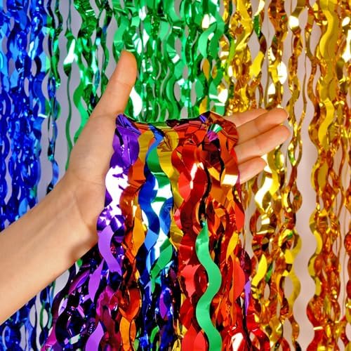 4 Pack Wavy Rainbow Foil Fringe Curtains - Colorful Party Decorations 3.3x6.6ft Tinsel Metallic Streamers Holiday Photo Booth Props Backdrop for Birthday Wedding Engagement by CYLMFC