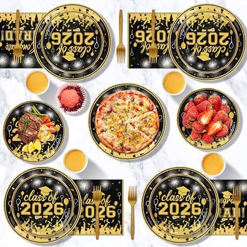 100 Pcs Graduation Plates and Napkins, 2026 Black Gold Graduation Disposable Plates and Napkins Party Supplies Set Serves 25, Black Gold Disposable Dinnerware Set for 2026 Decorations Grad Party - Image 3