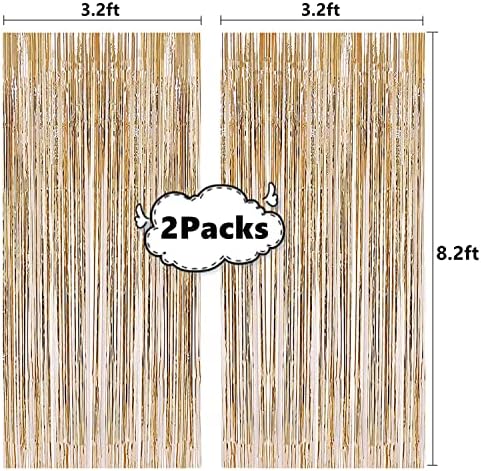 2 Pcs 3.2ft x 8.2ft Champagne Gold Metallic Tinsel Foil Fringe Curtains Photo Booth Backdrop for Baby Shower Birthday Wedding Holiday Celebration Bachelorette Party Decorations - Image 2