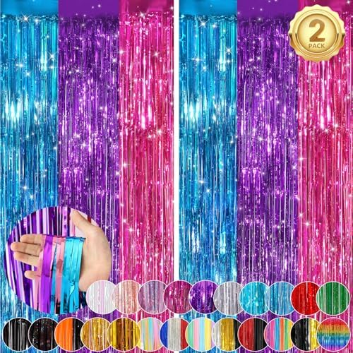 Rainbow Party Backdrop, 2Pack 3.3x8.3Ft Metallic Tinsel Foil Fringe Curtain by UWPVOWSR