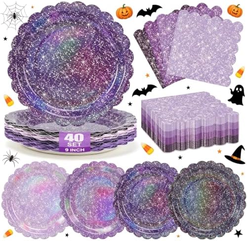 Iridescent Purple Plates and Napkins Set for Birthday Wedding,40 Guests by CENLBJ