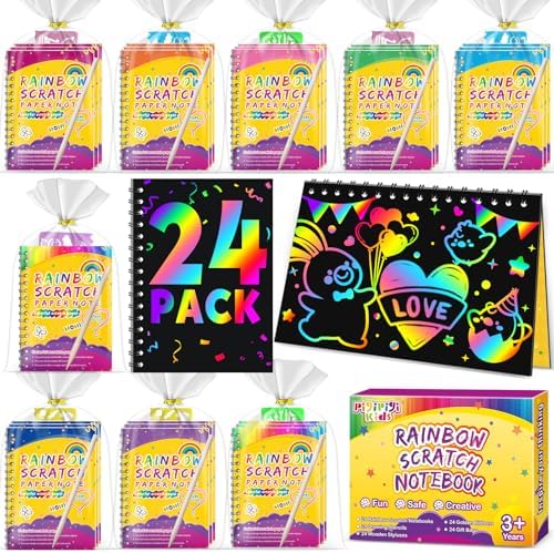 Party Favors for Kids 4-8-12: 24 Pack Scratch Rainbow Art Crafts Notebook by PigipigiKids