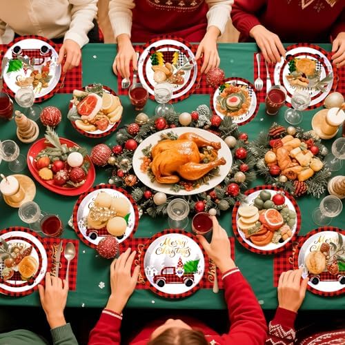 72PCS Christmas Plates and Napkins for Party Decorations, Set of 24 Merry Christmas Disposable Tableware Supplies, Gnome Red Plaid Paper Plates for Christmas in July Party - Image 6