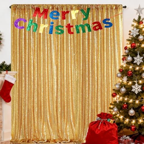 Gold Sequin Backdrop Curtains,2 Panels 4FTx8FT Gold Curtain Backdrop Glitter Party Decorations Background Drapes for Wedding Birthday Anniversary Graduation Photo Booth Decor - Image 2