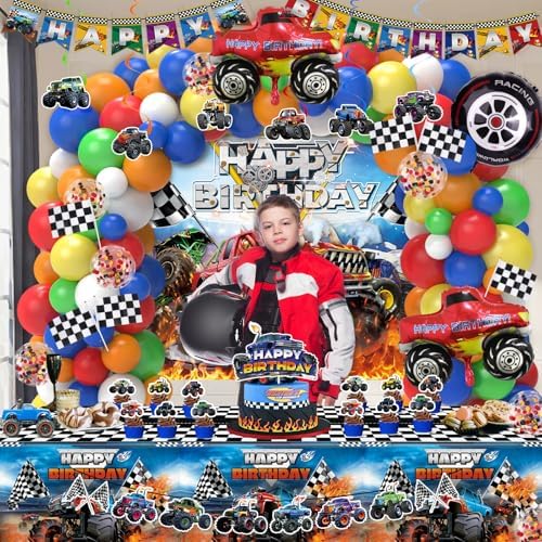 Monster Truck Birthday Decorations, Machines Jam Party Decoration Supplies include Truck Balloons Arch, Tablecloth, Backdrop, Cake Cupcake Toppers, Hanging Swirls, Flags, Truck Birthday Decor for Boys - Image 5
