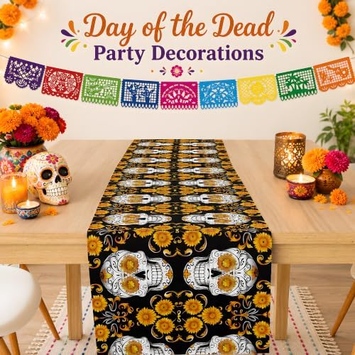 Dia De Los Muertos Decorations - Sugar Skull Table Runner with Banner - Image 7