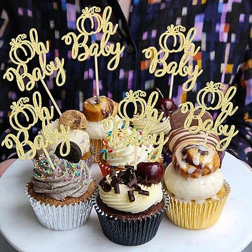 24Pcs Pumpkin Oh Baby Cupcake Toppers Glitter Fall Theme Pumpkin Cupcake Picks Baby Shower Cake Decorations for Pumpkin Theme Gender Reveal Kids Birthday Party Supplies Gold - Image 5