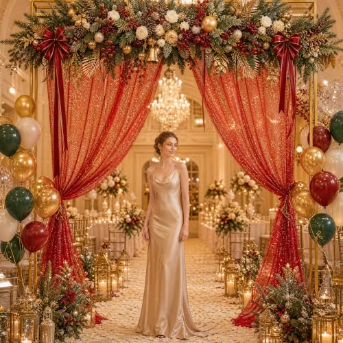 Bupelo Red Tulle Backdrop Curtains with Gold Foil 15x8ft Sheer Curtain - Image 6
