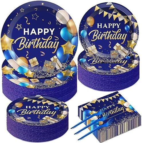 gisgfim 50 Guests Blue and Gold Birthday Plates and Napkins Party Supplies Navy Blue Party Tableware Set Blue Birthday Decorations Favors for Men Women Baby Shower 200 PCS by gisgfim