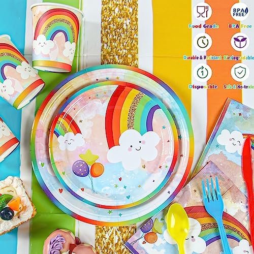 Rainbow Party Supplies, Happy Birthday Decorations for Girls & Boys -169pcs Rainbow Party Tableware Set Include 9" and 7" Party Plates and Napkins Cups Utensils with Tablecloth for 24 Guests - Image 4