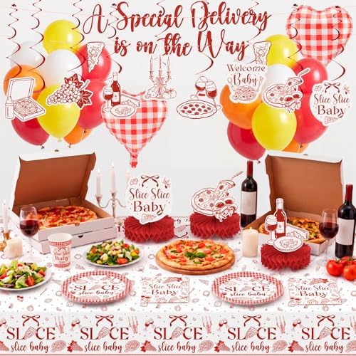 132 Pcs Special Delivery Pizza Baby Shower Decorations Set Slice Slice Baby Shower Decorations Italian Pizza Gender Neutral Tableware Set Serves 25 Guests for Pizzeria Newborn Welcome - Image 3