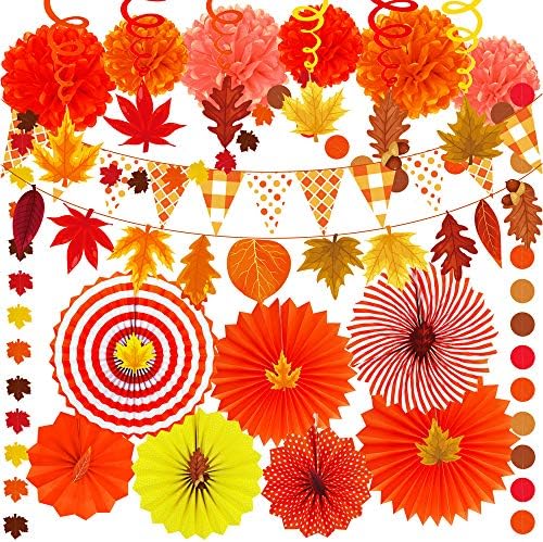 Supla 40 Pack Fall Party Decorations Set – Includes Autumn Hanging Paper Fans Pom Poms Fall Maple Leaves Party Swirls Streamers Fall Banner Backdrop Garland String for Thanksgiving Wedding Birthday by SUPLA