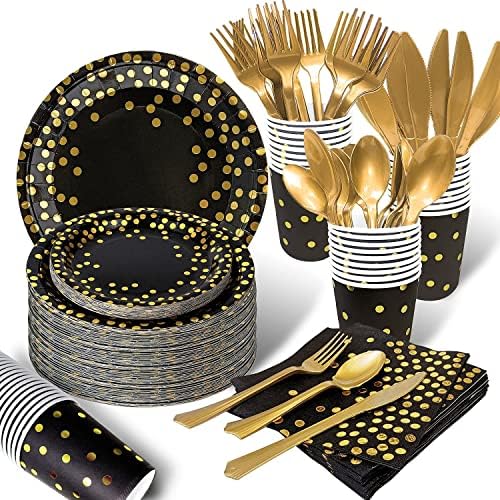 AIRE Black Gold Paper Plates Set, 175PCS Disposable Tableware for 25 by AIRE