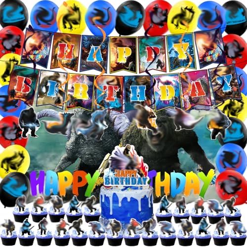 Monsters Theme Birthday Decorations, Birthday Party Decorations with Backdrop Banner, HAPPY BIRTHDAY Banner, Hanging Swirl Streamers, Latex Balloons and Cake Toppers by Unknown