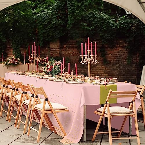 8Pack Disposable Plastic Tablecloths and Satin Table Runner Set Pink and Gold Dot Tablecloth Gold Satin Table Runner for Wedding Birthday Baby Shower Anniversary Christmas New Year Party Supplies - Image 7