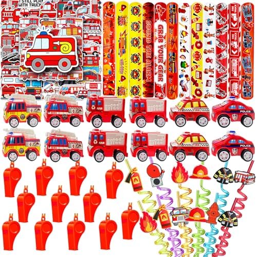 Fire Truck Party Favors Set - 110 Pcs with Firefighter Stickers, Slap Bracelets, Drinking Straws & More for Firefighter Themed Birthday Party by CHSLtmxq