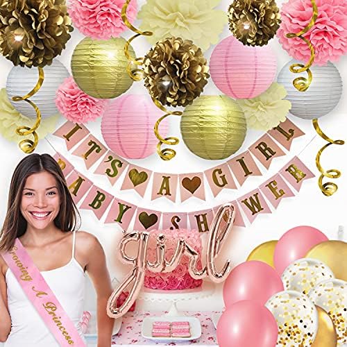 Pink and Gold Baby Shower Decorations for Girl – 35 Pcs Princess Kit with It's a Girl Banner, Mom to Be Sash, Tissue Paper Pom Poms, Paper Lanterns, Bunting Garland – Baby Girl Party Supplies - Image 2