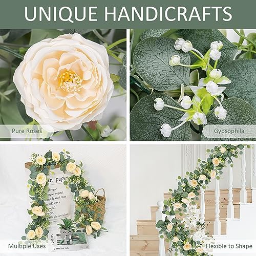 TOCHGREEN 4 Pack Artificial Eucalyptus Flower Garland with Champagne Roses - Image 4