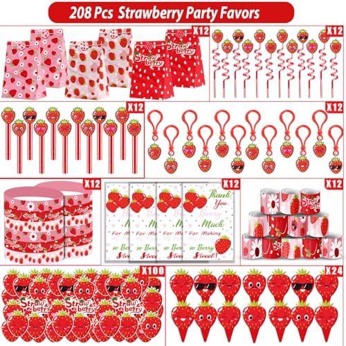 PLOUGVI 208PCS Strawberry Party Favors, Berry First Birthday Decor, Theme Decorations for Party Goodie Bag Stuffer Pinata Filler Gifts - Image 3