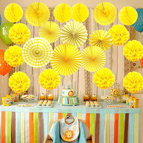 ZERODECO Party Decoration, 21 Pcs Yellow Hanging Paper Fans Pom Poms Flowers, Garlands String Polka Dot and Triangle Bunting Flags for Minnie Mouse Birthday Parties Baby Showers Wedding - Image 7
